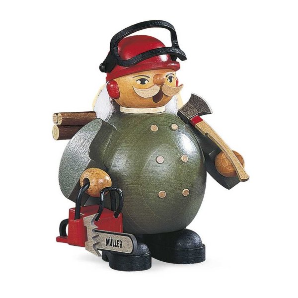 Müller Erzgebirge Räuchermann klein Waldarbeiter mit Motorsäge 12 x 14 cm