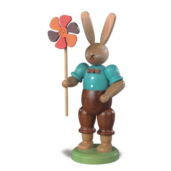 Müller Erzgebirge Hasenmann mit Windrad farbig klein Höhe 12 cm