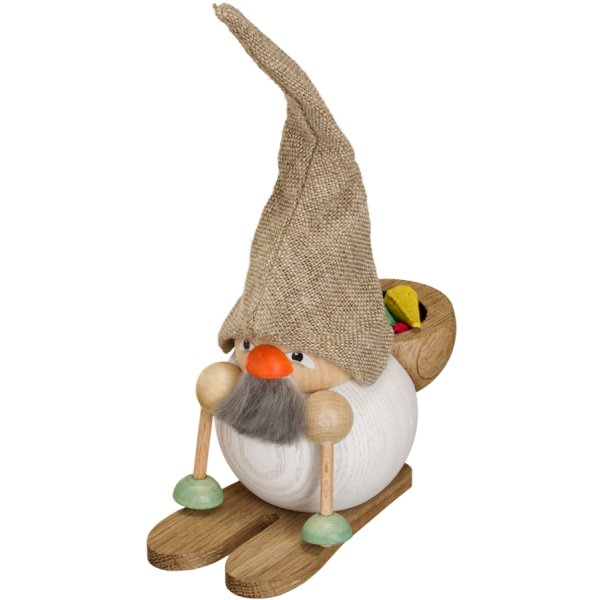 Seiffener Volkskunst Kugelräucherfigur Waldzwerg a. Ski Huckepack 19cm