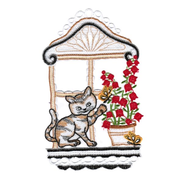 Fensterbild Katze am Fenster 6-farbig 26 cm Plauener Spitze
